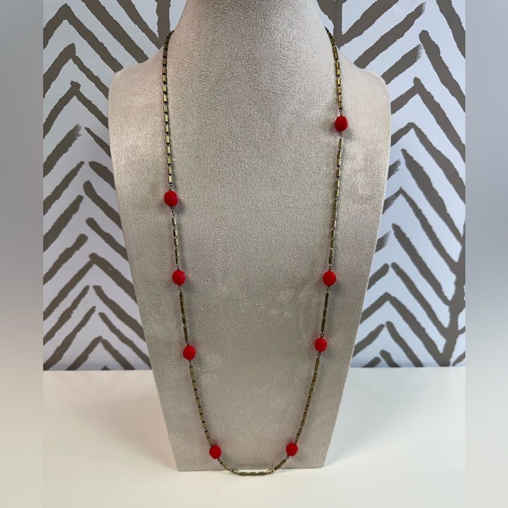 J Crew Gold & Red Beaded Long Necklace